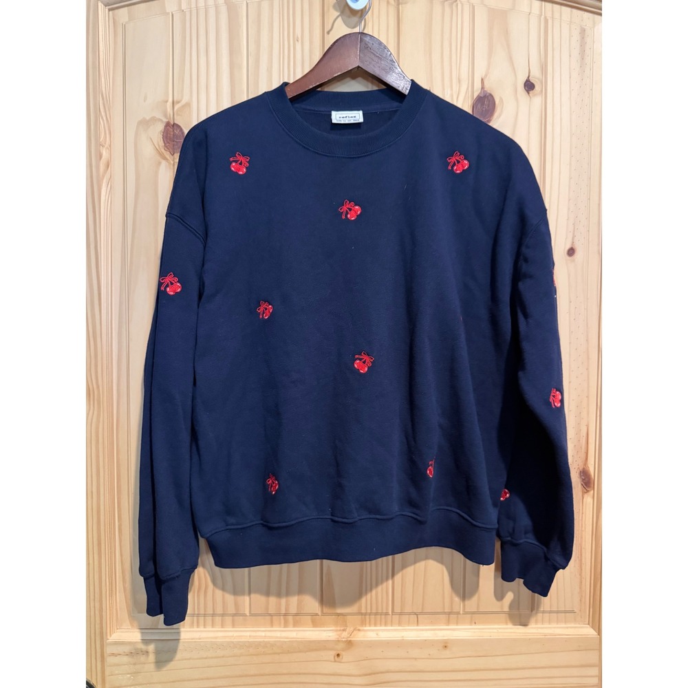 Reflex Womens Navy Blue Embroidered Cherry Bow Sweatshirt T980 Small